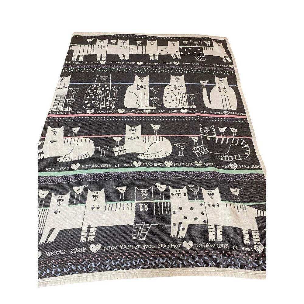Vintage Cat Throw Blanket, Pat Meyers 1989, 50x60 Retro Kitties Jacquard USA